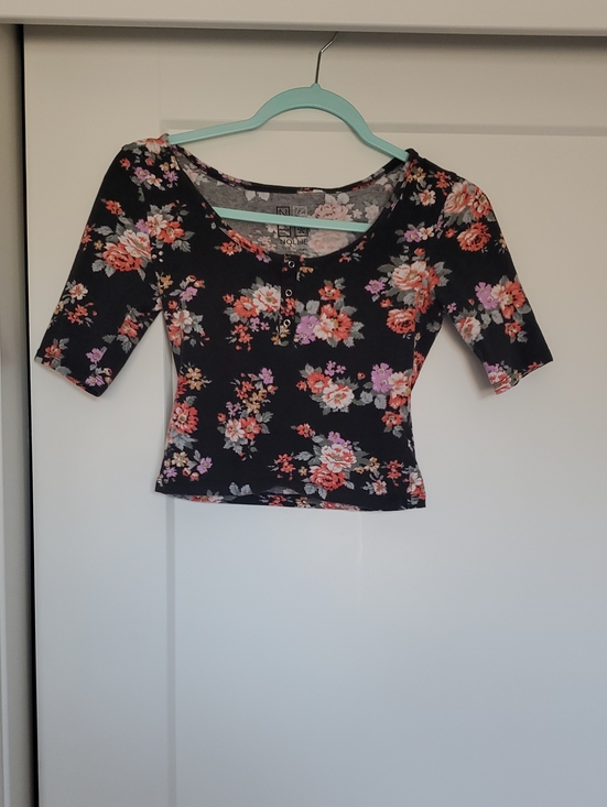 Nollie Tops - Nollie Black Floral Nollie Crop Top with Orange & Lilac Blooms